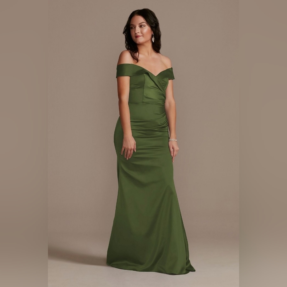 Galina Signature - Satin Off the Shoulder Martini Olive Mermaid Dress